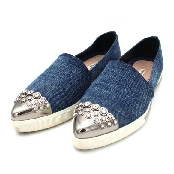 Miu Miu Blue Denim Calzature Donna Crystal Embellished Slip On Sneakers 36.5 - Picture 2 of 6